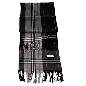 SERPICO thin flat weave gray tartan plaid unisex long 76” scarf w/ fringe